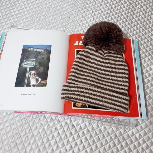 NWT Norla chocolate brown & camel tan striped beanie with knit thread pom pom - Picture 2 of 5